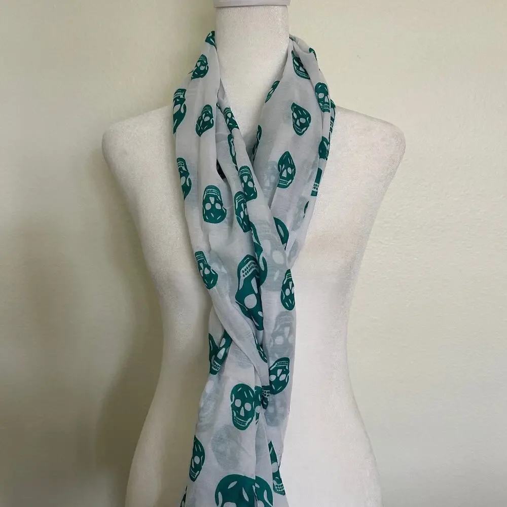 Ozsoy Aksesuar Skull Scarf Teal White Fringe Wrap Gothic Rocker Y2K Lightweight